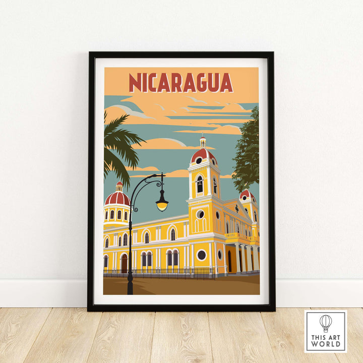 Nicaragua poster featuring vibrant vintage art of a historical building with palm trees and colorful sky.