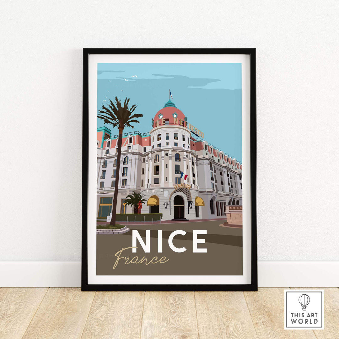 Framed print poster of Nice, France featuring a vintage architectural design with palm trees.
