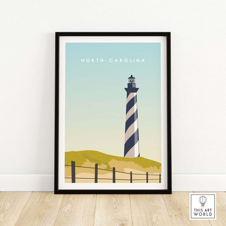 Framed North Carolina Travel Poster featuring a striped lighthouse against a minimalist landscape, perfect for home decor.