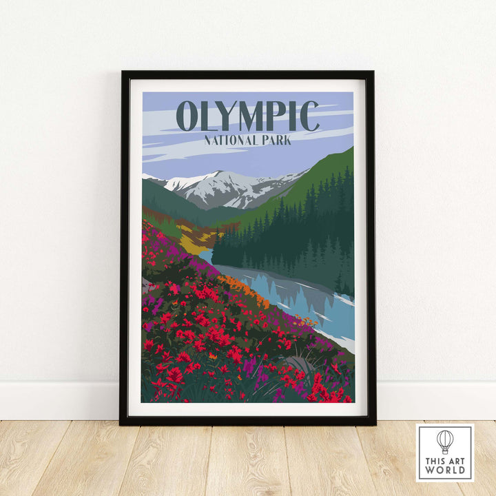 Framed Olympic National Park poster featuring mountains, river, and vibrant flowers, perfect for travel decor.