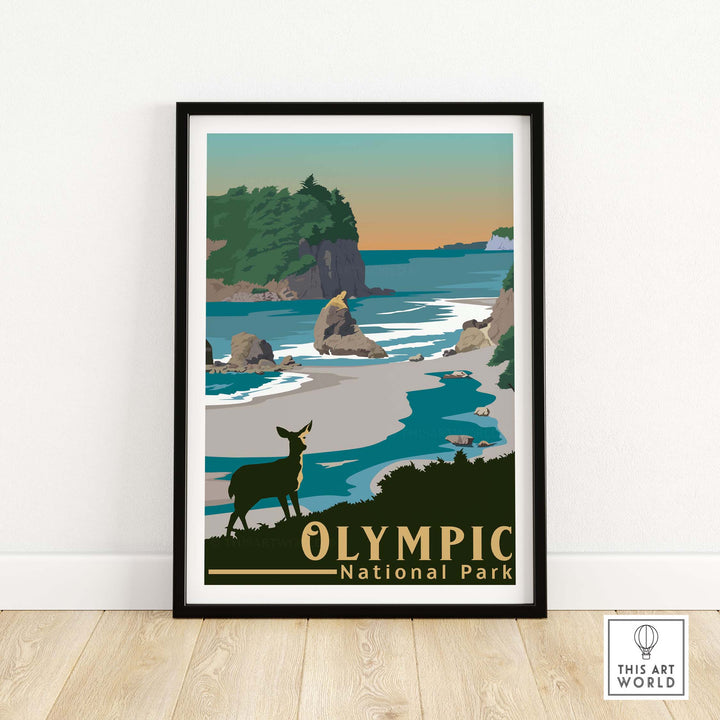 Framed Olympic National Park print featuring a scenic landscape with a deer and serene ocean view.