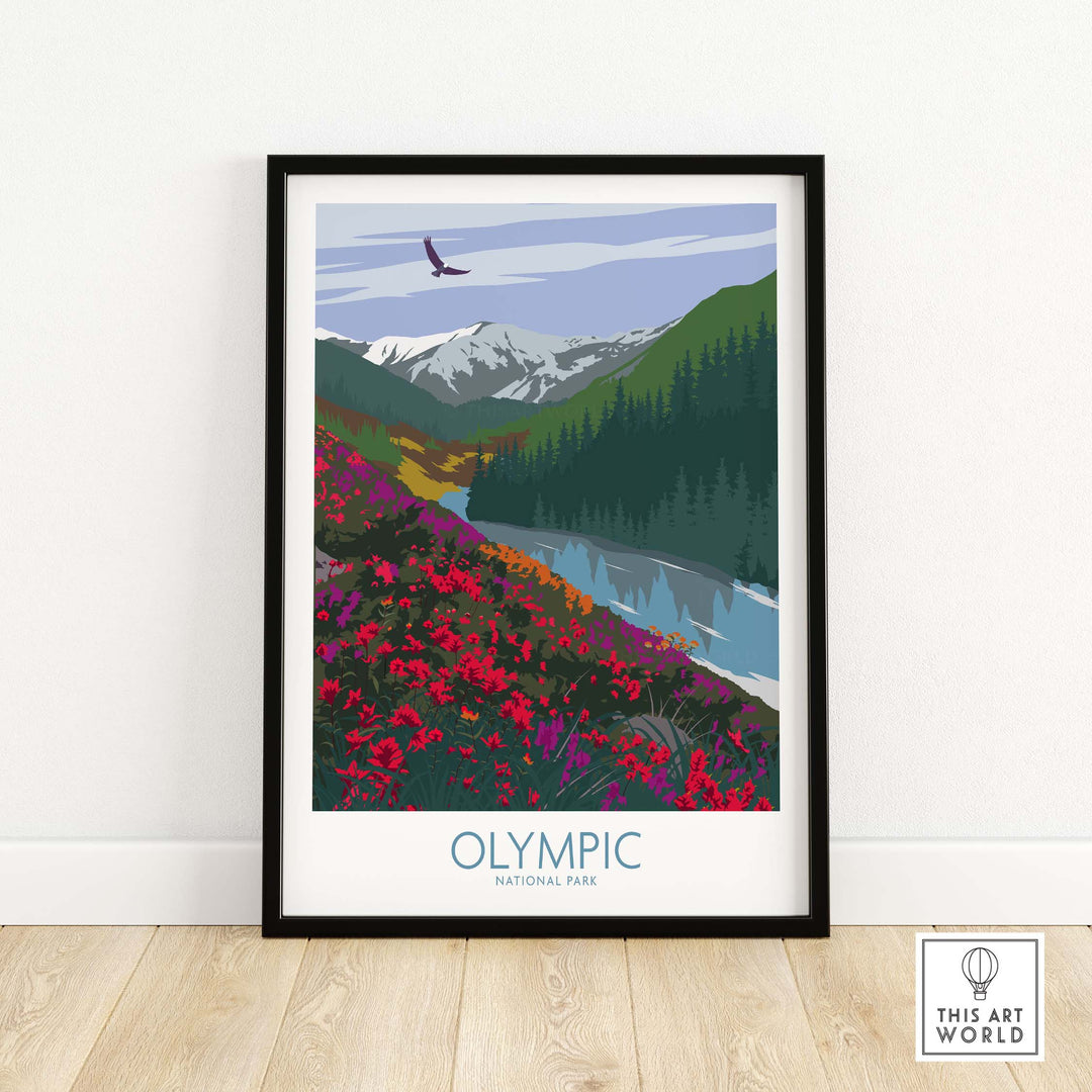 Olympic National Park poster art print featuring vibrant flowers and mountains in a minimalist design.