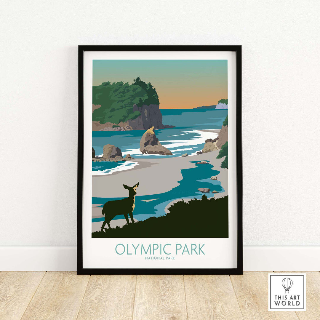 Framed Olympic National Park wall art featuring scenic landscape and wildlife, perfect for nature lovers.
