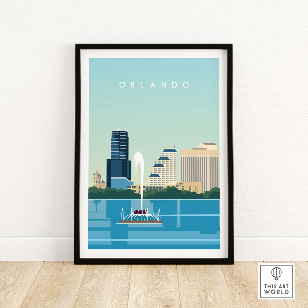 Framed Orlando travel poster print showcasing the city skyline and water features in minimalist style.