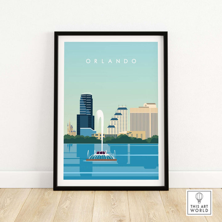 Framed Orlando travel poster print showcasing the city skyline and water features in minimalist style.