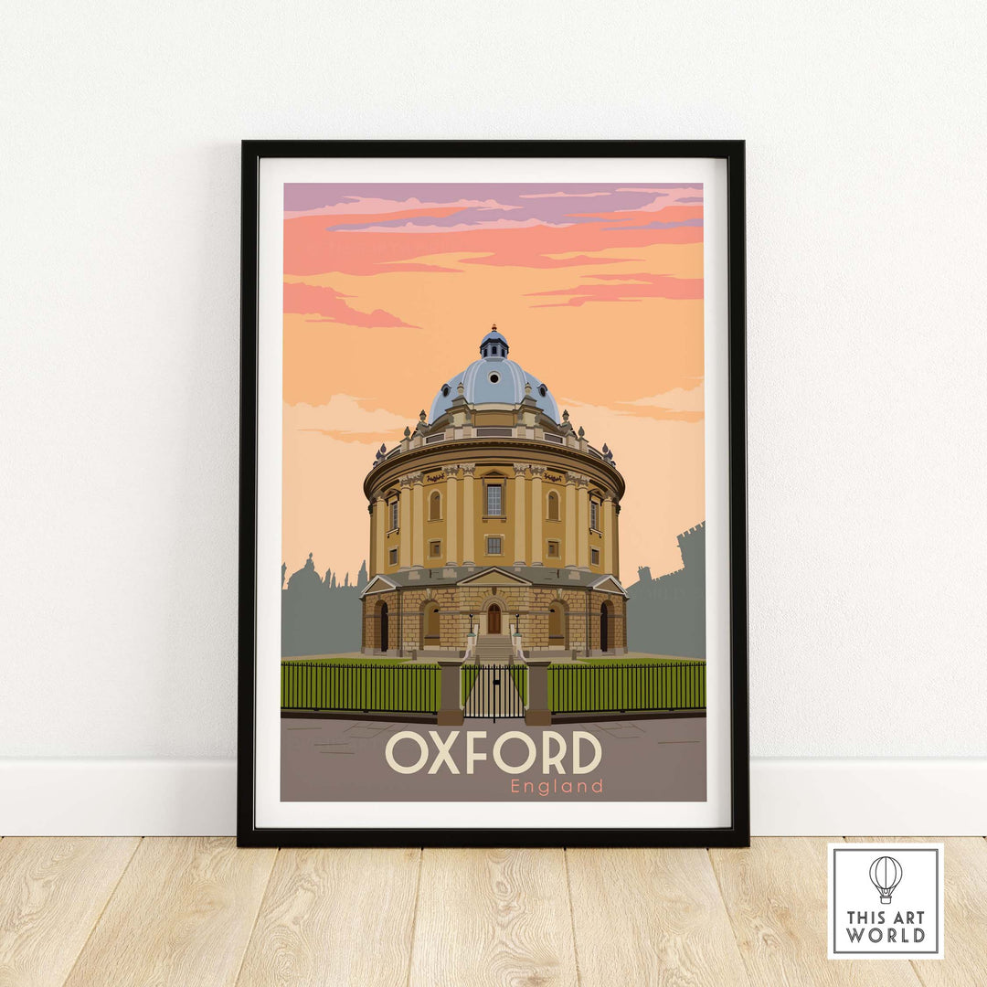 Oxford Print Poster Wall Art featuring the iconic Radcliffe Camera in England against a colorful sunset.