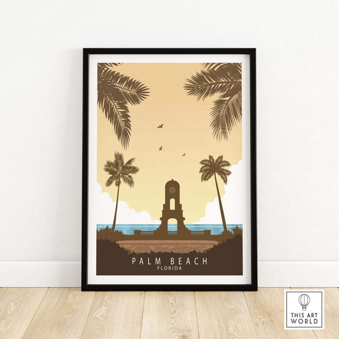 Vintage style Palm Beach Florida print with palm trees and sunset colors, ideal for home or office wall art.