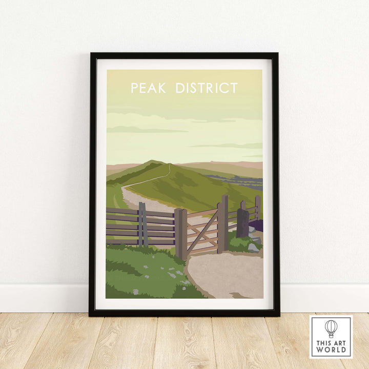 Peak District vintage travel poster print featuring a scenic landscape with a fence and path.