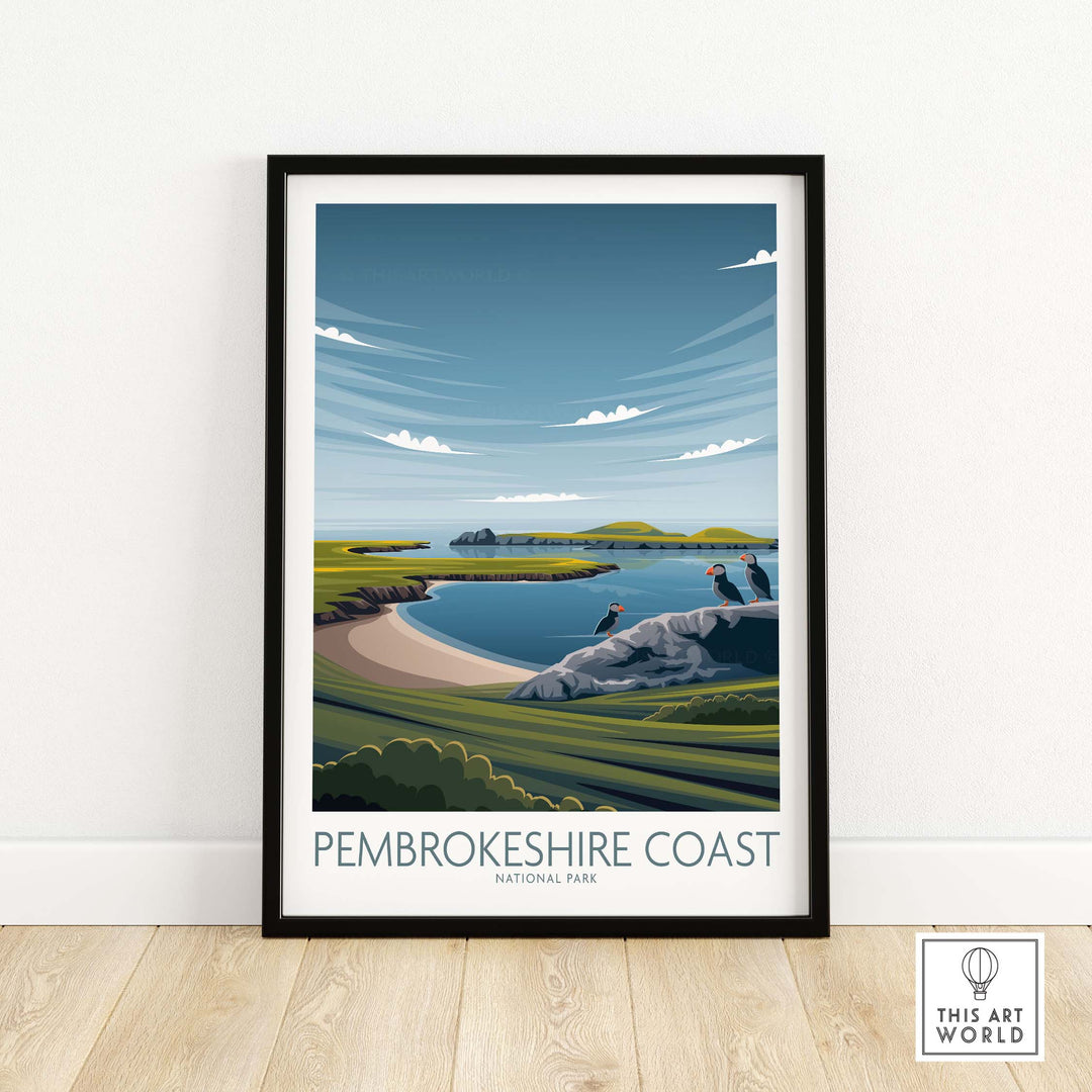 Pembrokeshire Coast National Park poster featuring a scenic coastal view in a modern minimalist design.