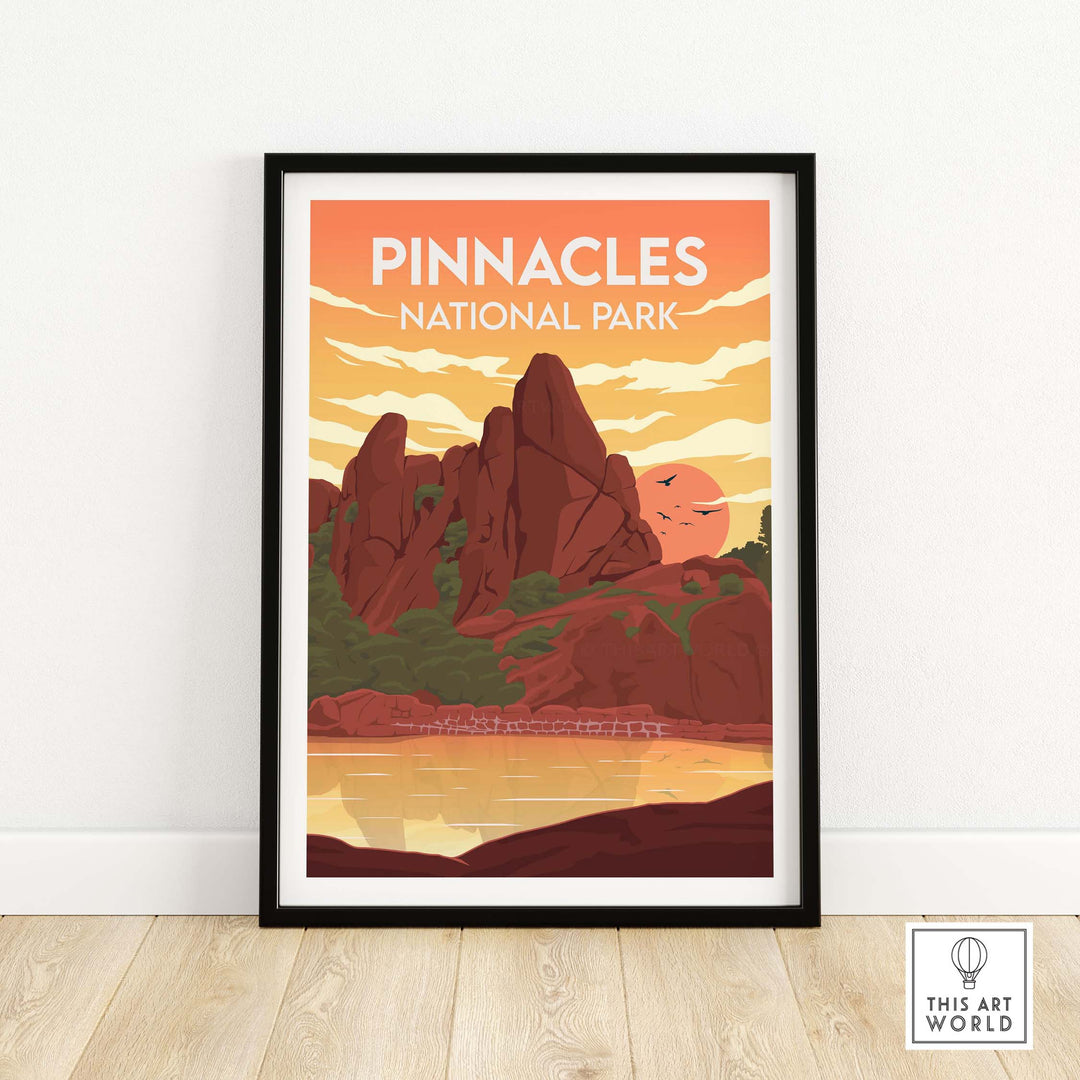 Pinnacles National Park poster in a minimalist design showcasing vibrant sunsets and rocky landscapes.