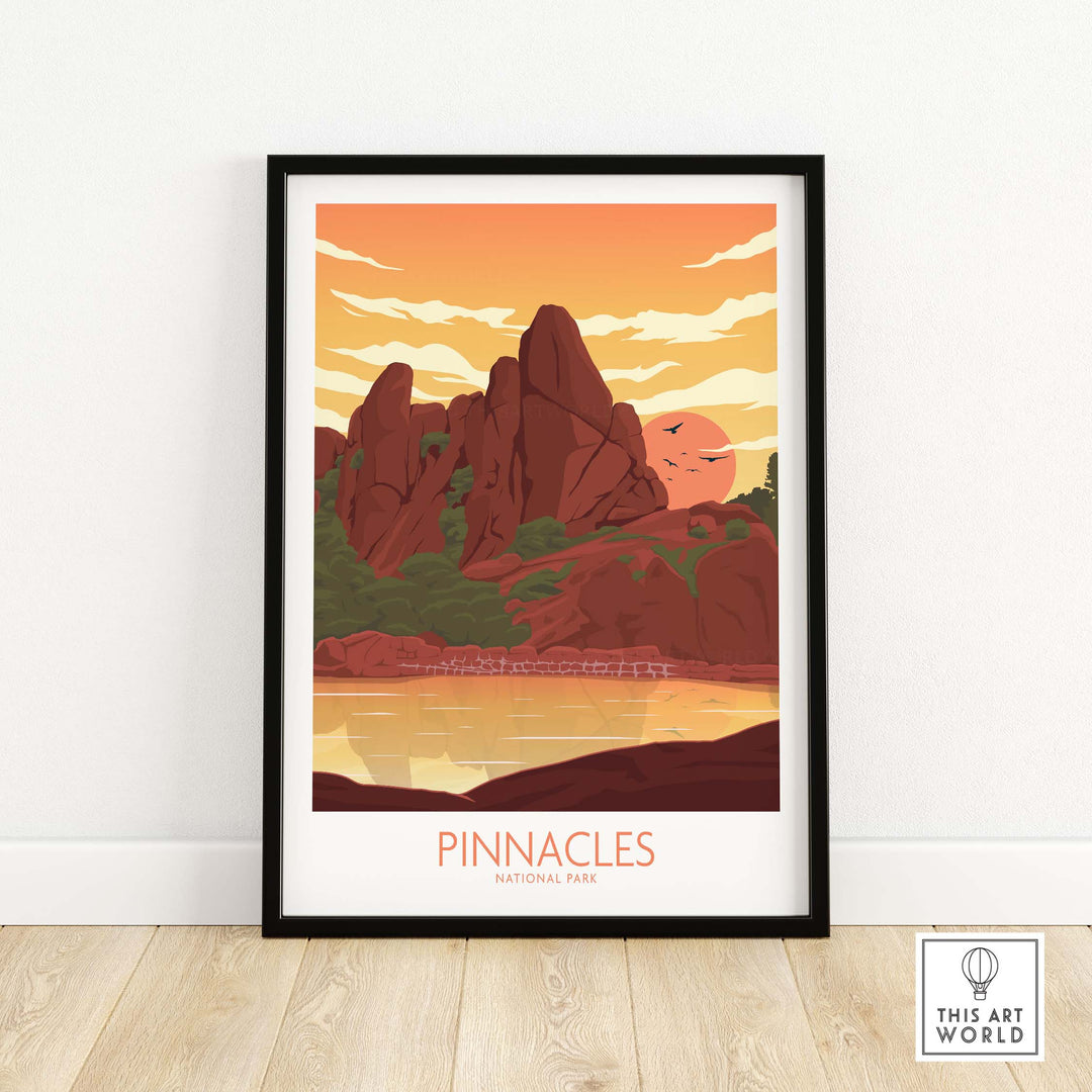 Pinnacles National Park poster art print featuring sunset over rocky formations in minimalist style.