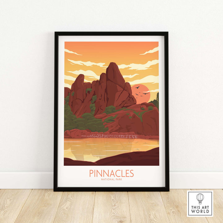 Pinnacles National Park poster art print featuring sunset over rocky formations in minimalist style.