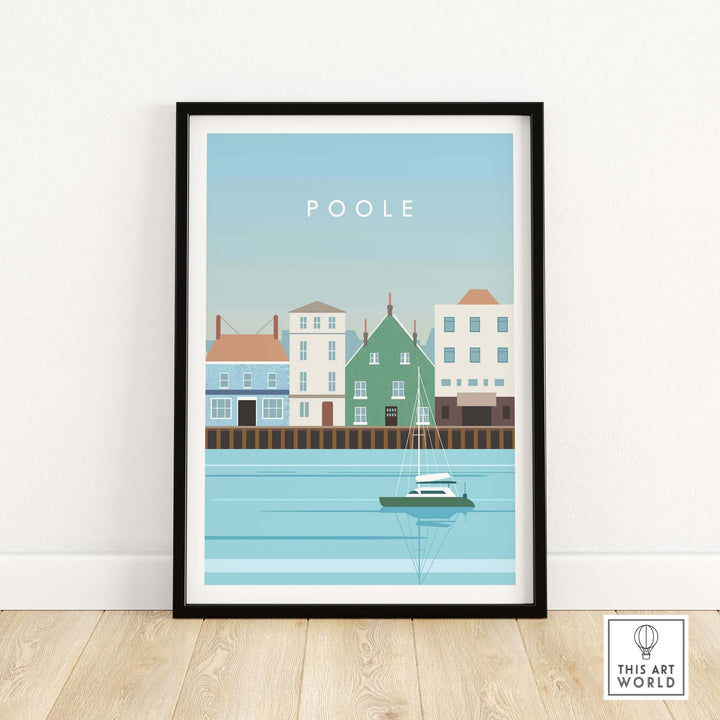Poole Print Poster Dorset Wall Art featuring a colorful coastal scene with a boat