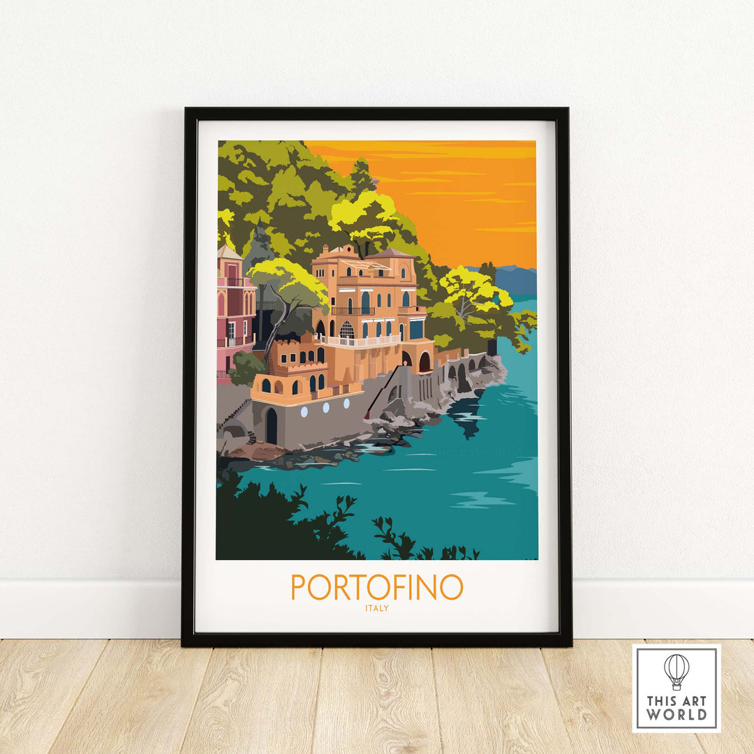 Portofino Print Travel Poster featuring vibrant colors and vintage style, perfect for home or office decor.