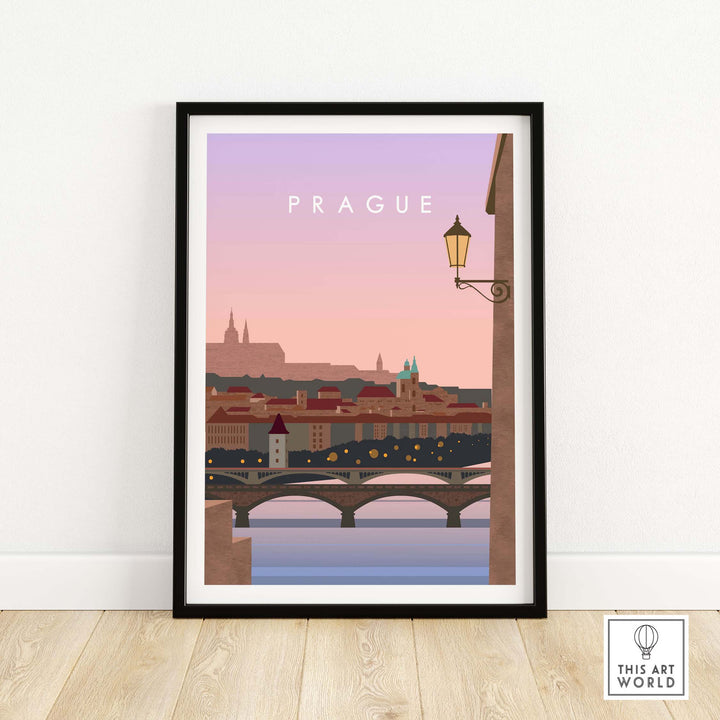 Prague Print Wall Art Poster featuring a sunset view over the city and bridge, perfect for home or office decor.