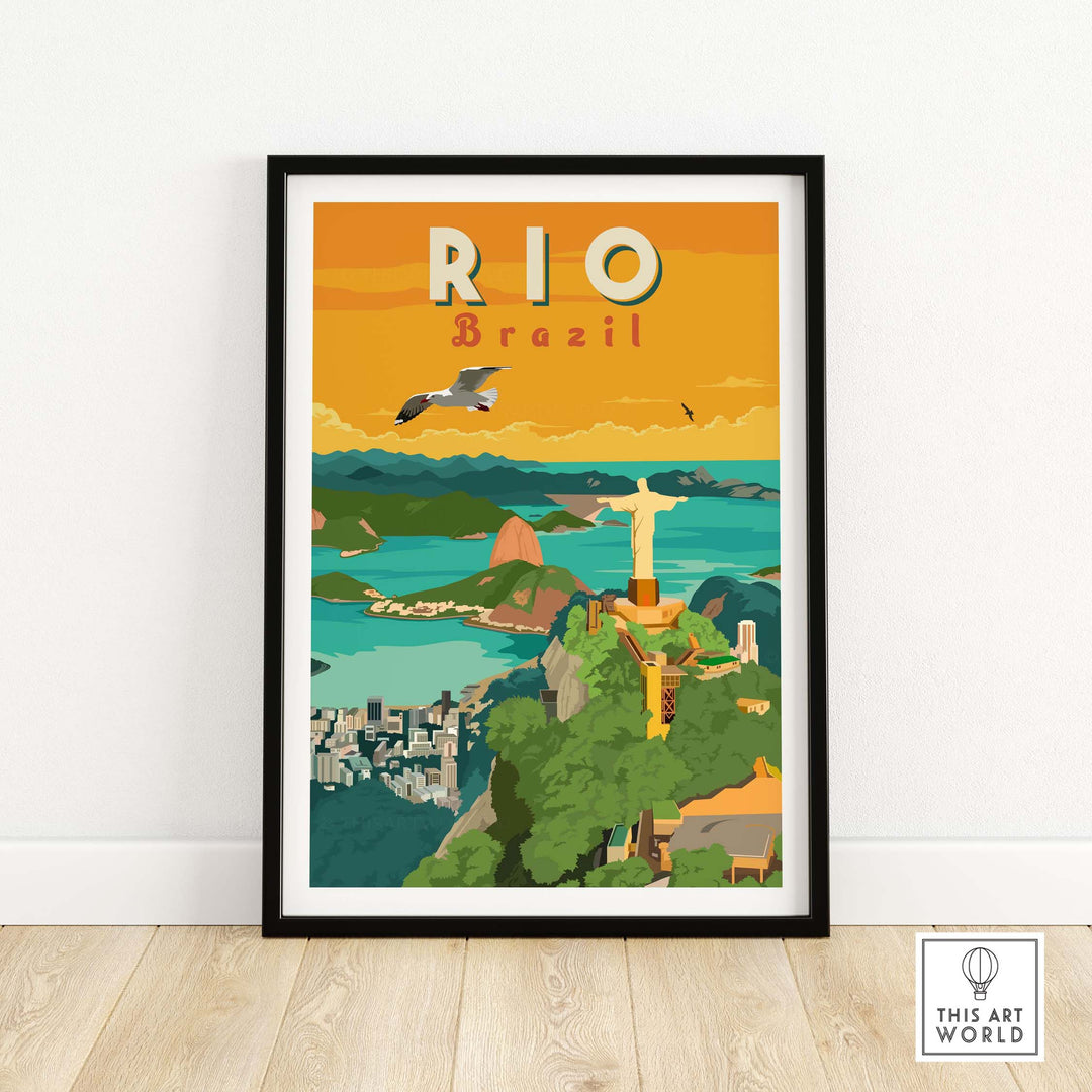 Rio Brazil Wall Art Print featuring Christ the Redeemer and vibrant vintage travel poster style.