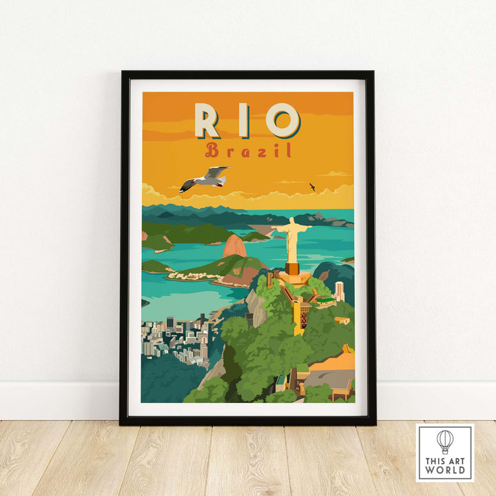 Rio Brazil Wall Art Print featuring Christ the Redeemer and vibrant vintage travel poster style.