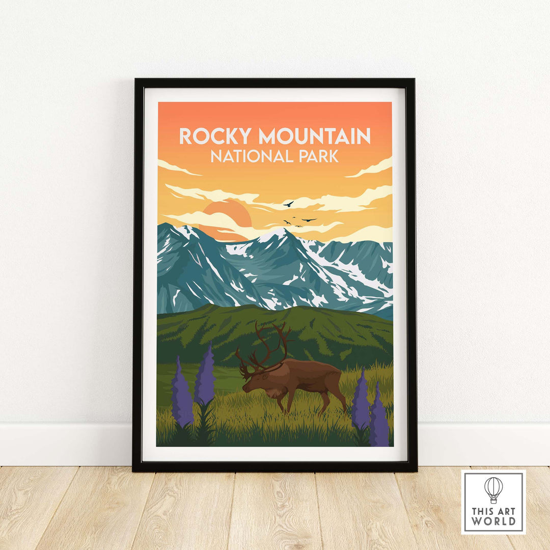 Rocky Mountain National Park vintage travel print featuring mountains and elk, perfect for home or office decor.