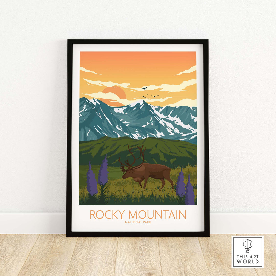Rocky Mountain National Park poster art print featuring mountains, sunset, and wildlife in a minimalist style.