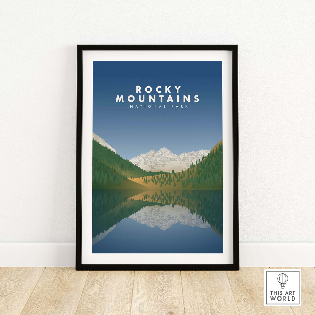 Framed Rocky Mountains National Park Art print featuring a serene lake and mountains, inspired by vintage travel posters.