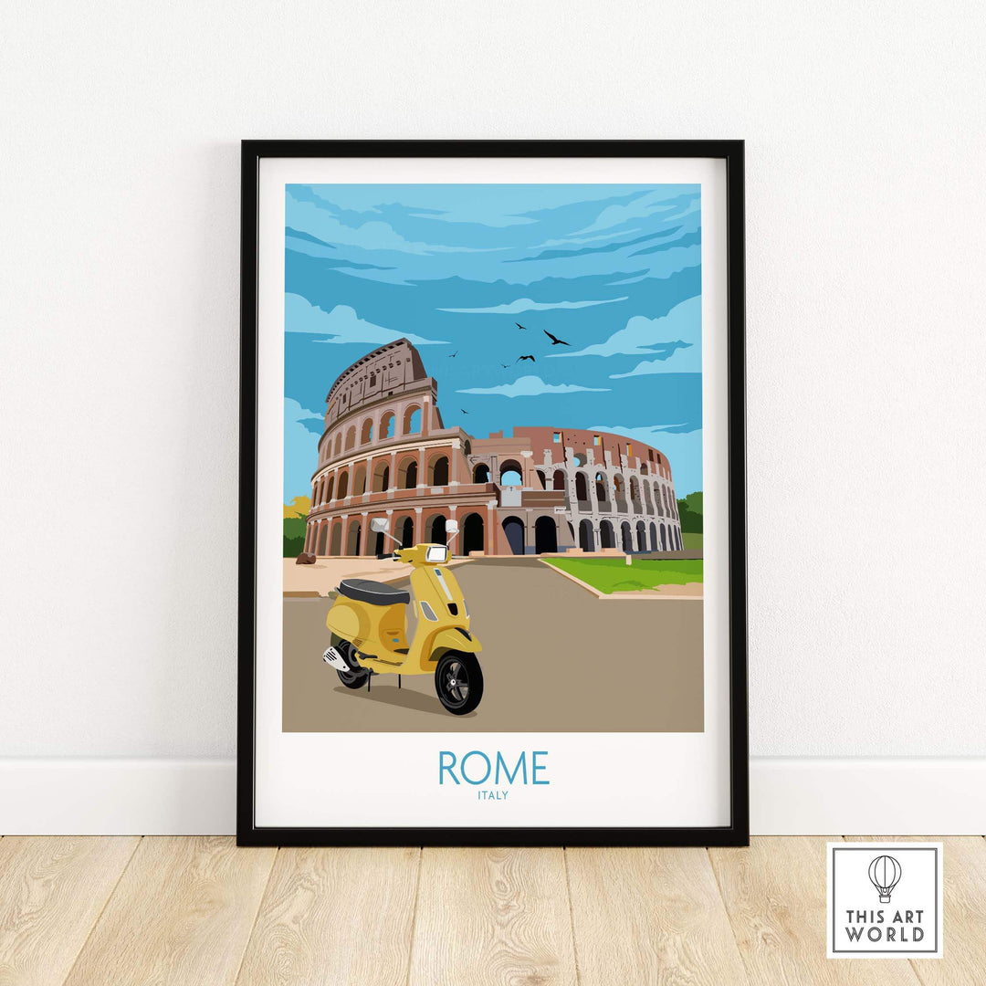 Framed Rome travel poster print featuring the Colosseum and a vintage scooter, perfect for home or office decor.