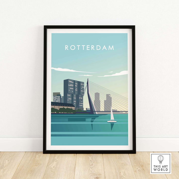 Rotterdam print wall art poster featuring a vintage-inspired skyline and sailboat, perfect for home decor.