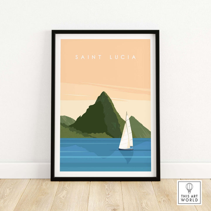 Saint Lucia wall art print featuring a minimalist landscape with a sailboat and mountains.