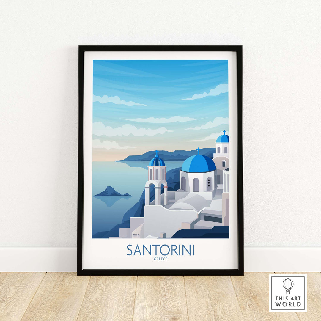 Santorini Wall Art Greece featuring blue domed buildings and serene seascape, perfect for travel-inspired home decor.