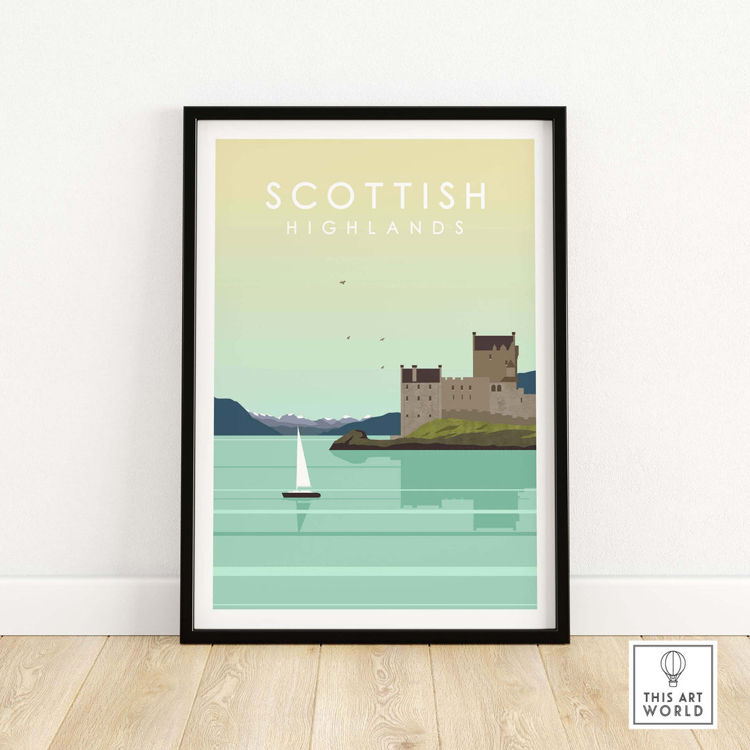 Scottish Highlands vintage travel poster featuring a castle and sailboat, framed wall art for home or office decor.