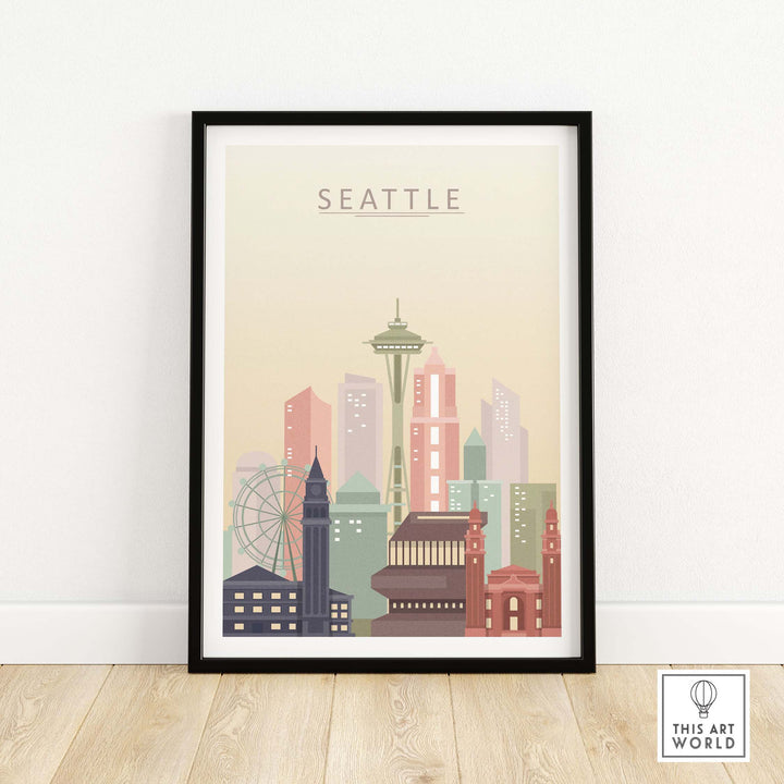 Seattle City Skyline Print showcasing iconic buildings and warm pastel tones, perfect wall art for city lovers.