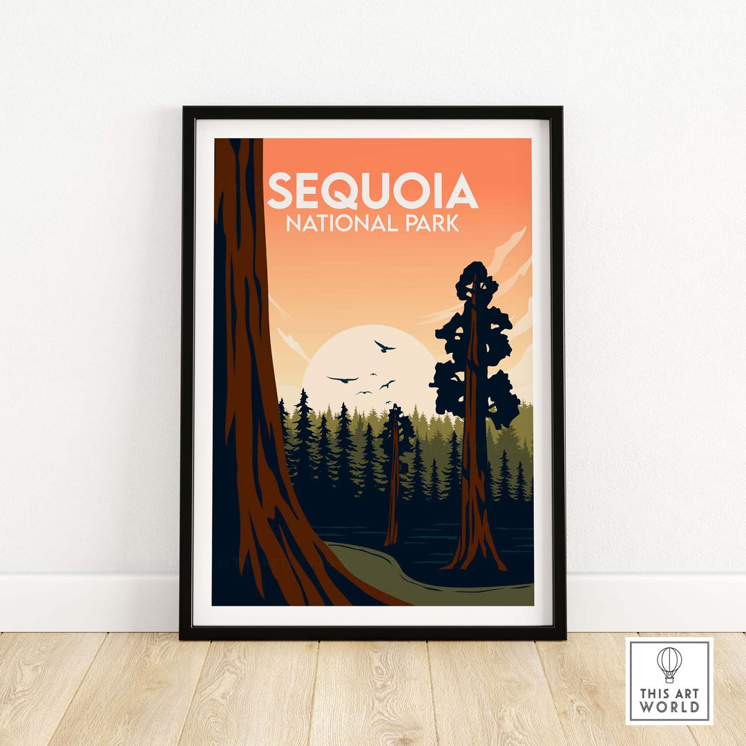 Sequoia National Park poster featuring tall trees and sunset in a minimalist design, perfect for nature lovers.