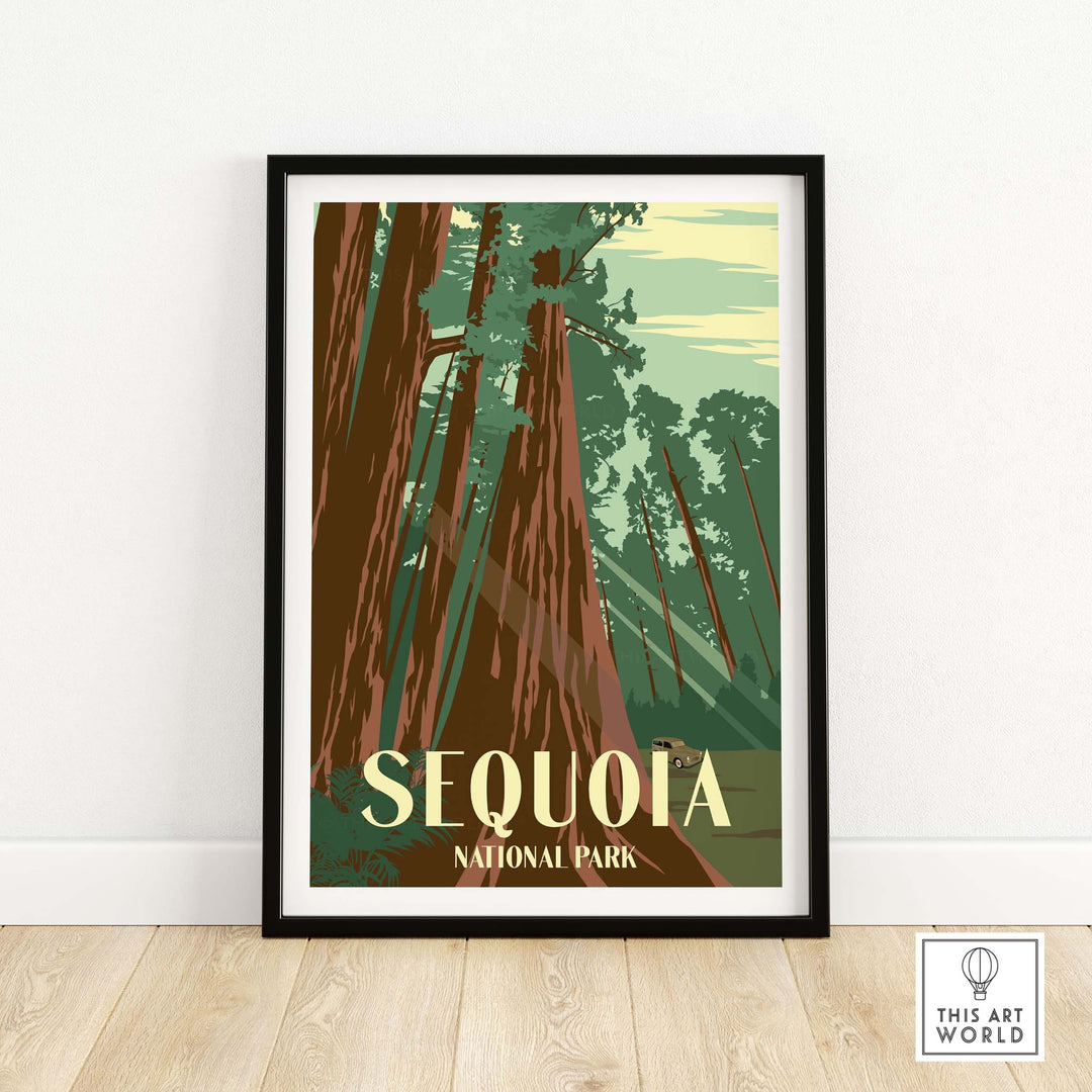 Framed Sequoia National Park print featuring towering trees and vintage design, perfect for nature lovers' decor.