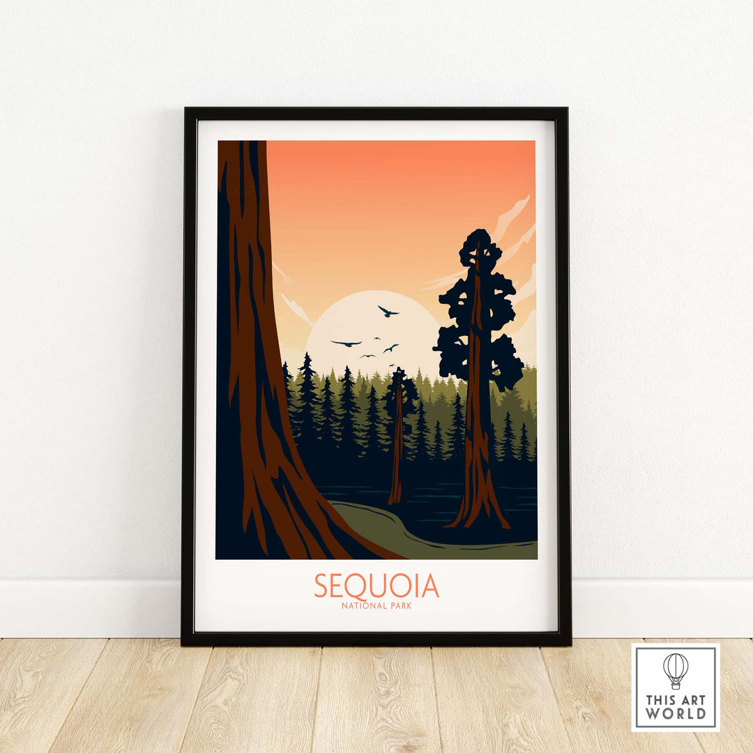 Sequoia National Park art print featuring minimalist design, trees, sunset, and tranquil forest scenery.