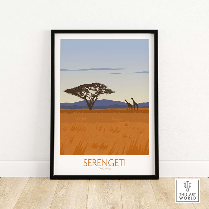 Serengeti National Park poster print featuring giraffes, acacia tree and stylish vintage design.