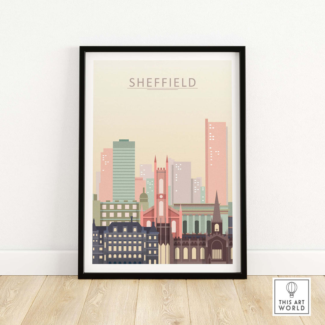 Sheffield city skyline poster in warm pastel tones, framed wall art showcasing iconic architecture.