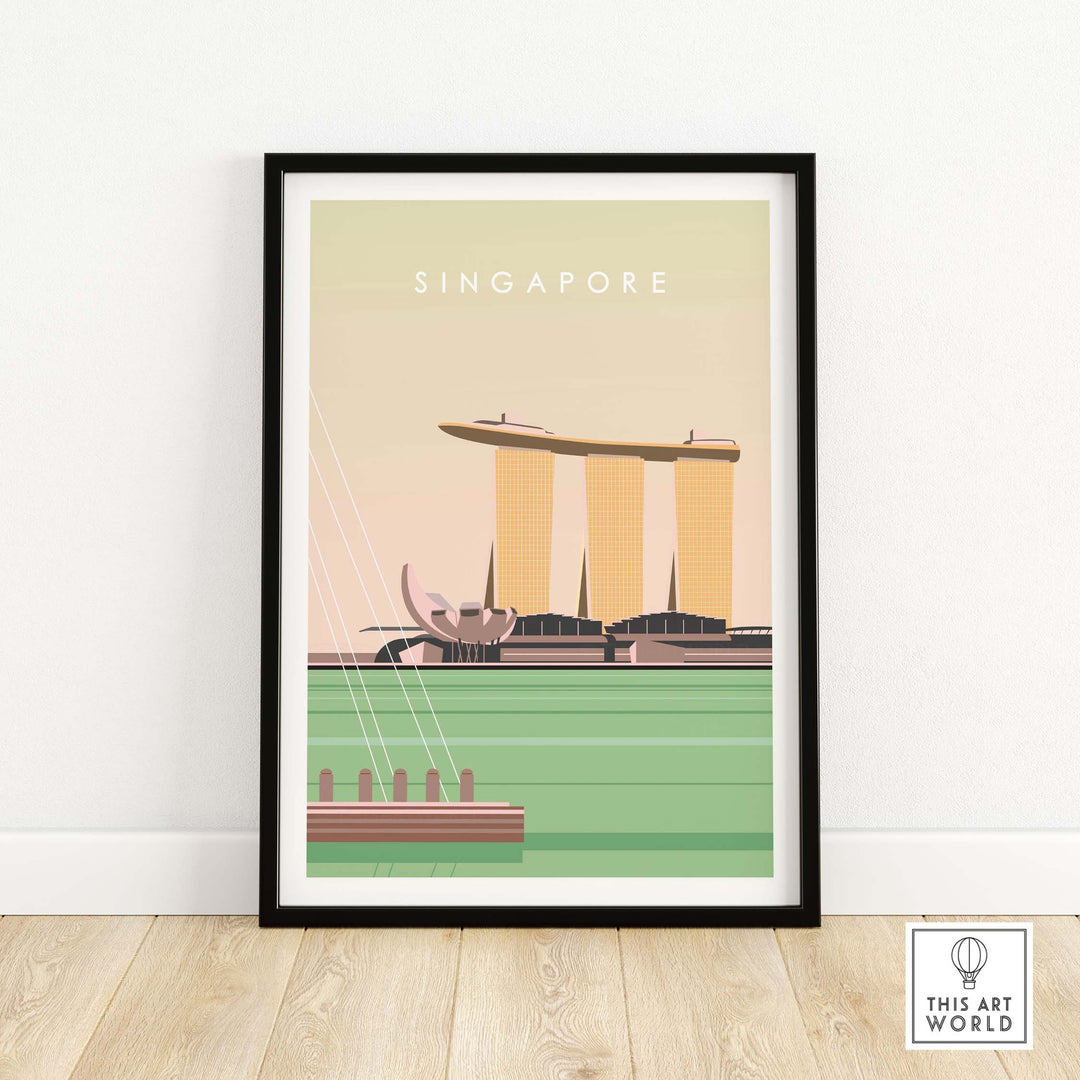 Framed Singapore poster print featuring iconic Marina Bay Sands and vibrant retro colors for stylish wall art.