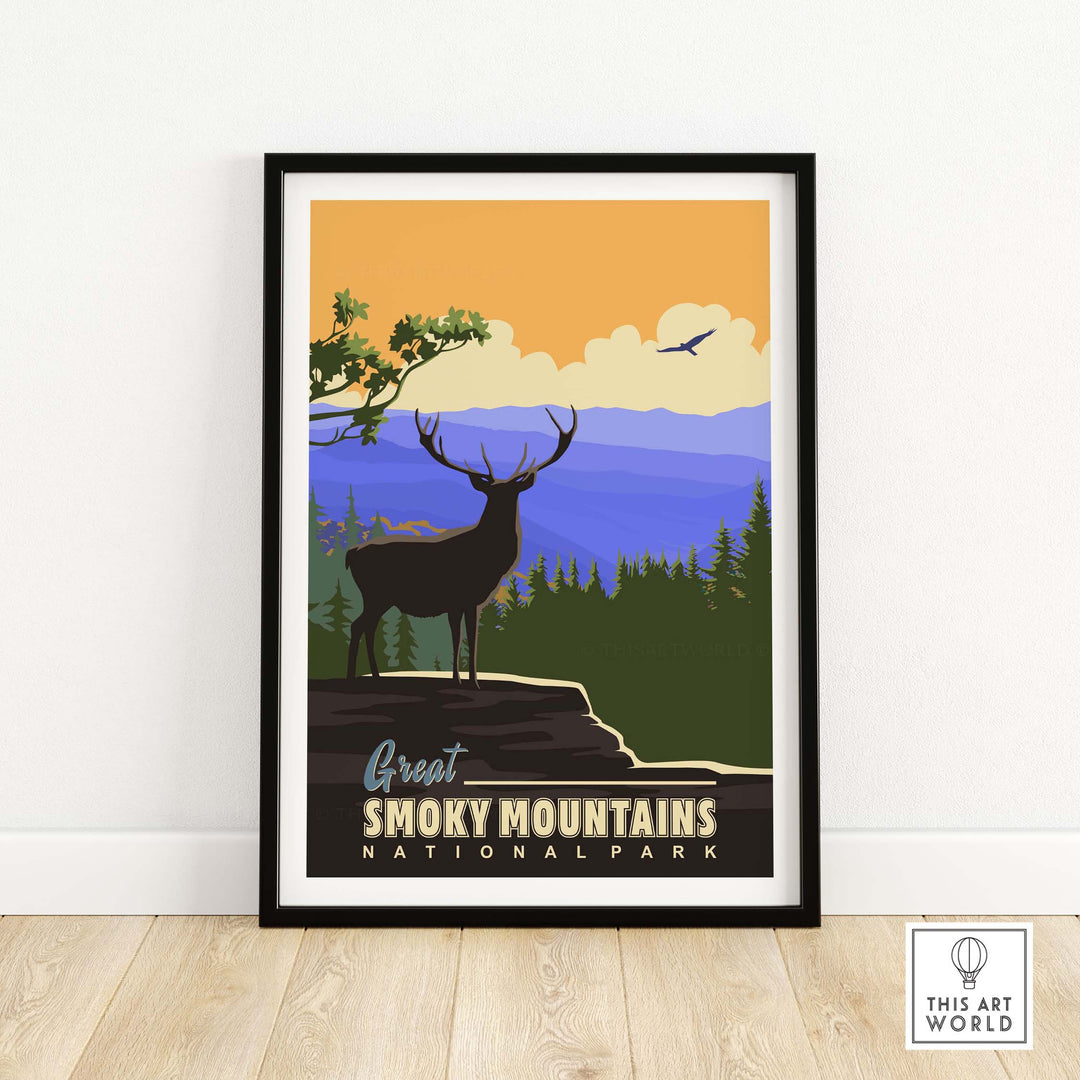 Vintage Smoky Mountains National Park poster artwork featuring a deer and scenic mountains, framed for stylish decor.