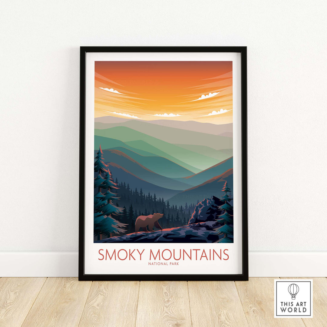 Smoky Mountains National Park poster featuring a bear and colorful sunset, perfect for nature-inspired wall art.