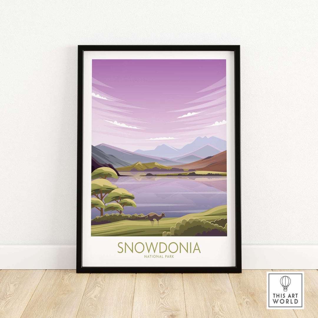 Minimalist Snowdonia National Park art print featuring mountains and a serene lake, framed for stylish wall decor.