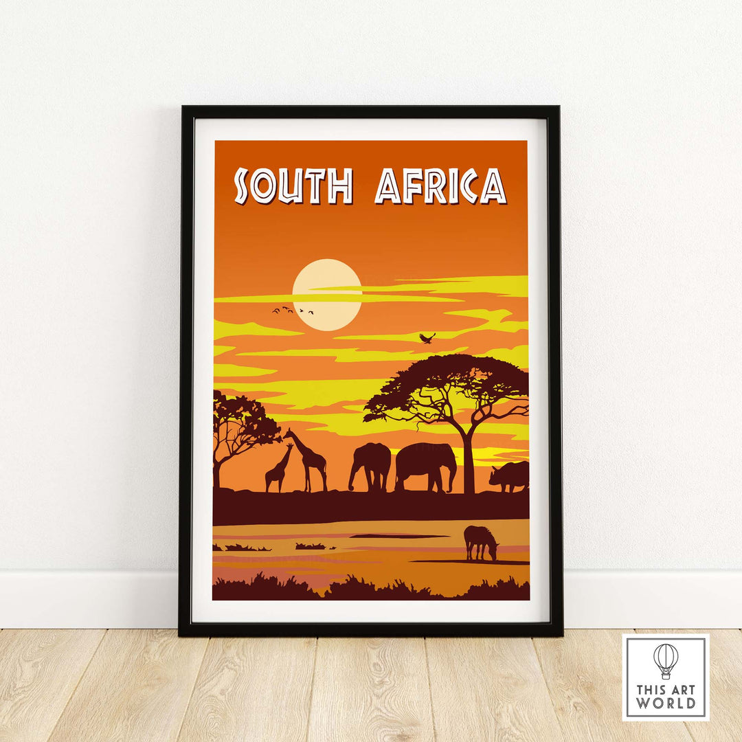 South Africa travel poster featuring wildlife silhouettes in a sunset scene, minimalist vintage design.