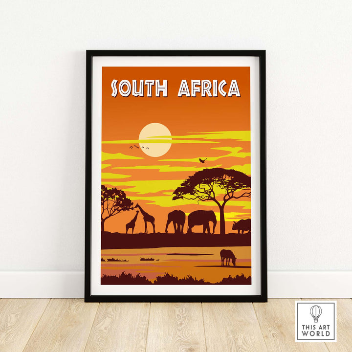 South Africa travel poster featuring wildlife silhouettes in a sunset scene, minimalist vintage design.