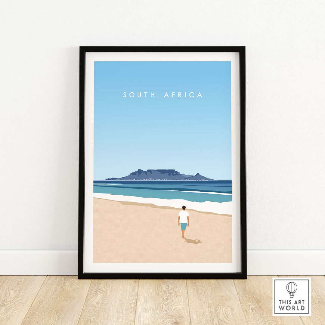 South Africa travel poster print featuring a minimalist design of a beach and Table Mountain.