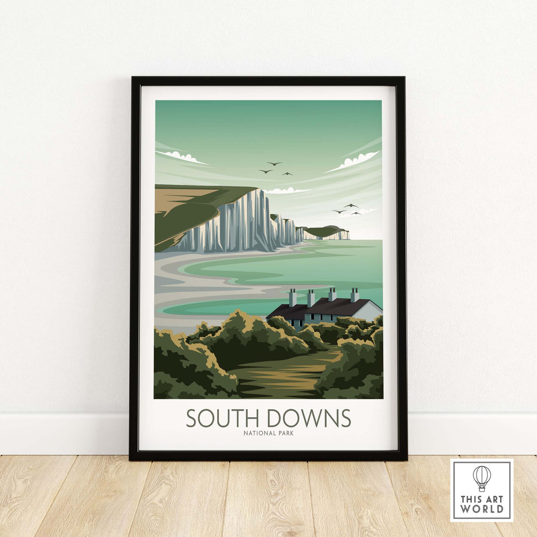 South Downs National Park poster in minimalist style, showcasing cliffs and nature, perfect for home or office decor.
