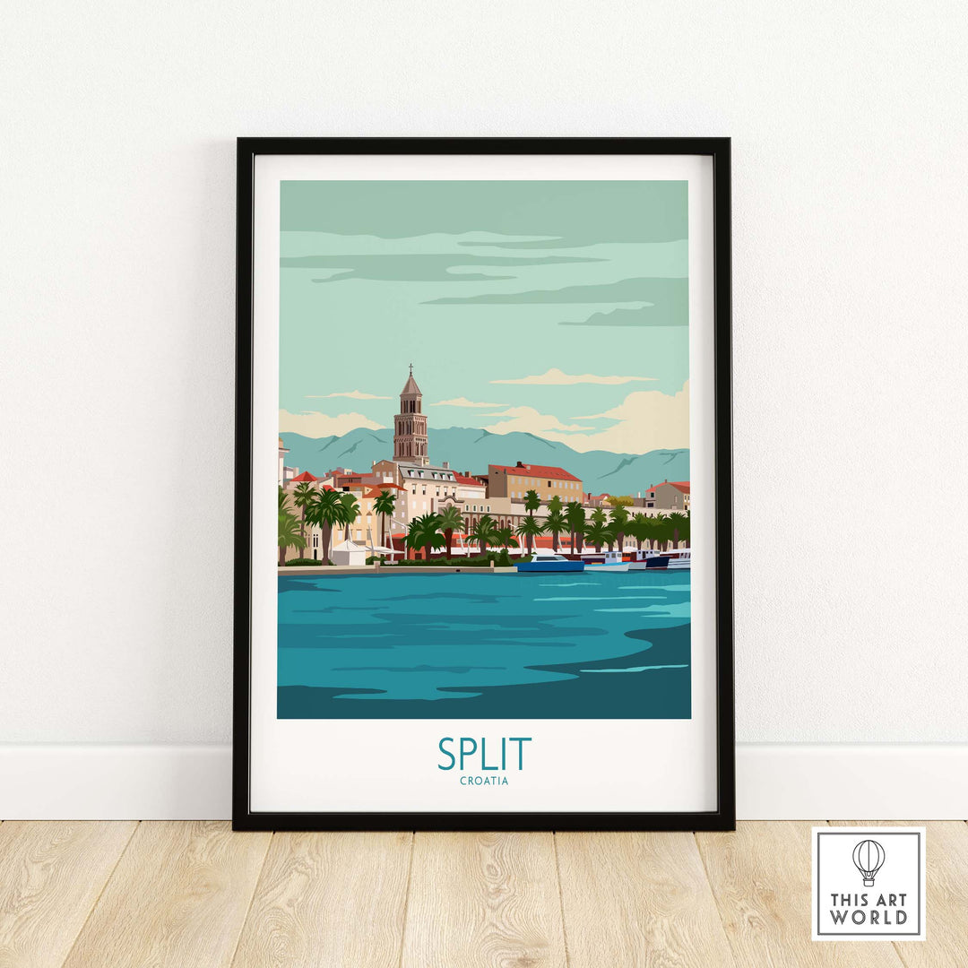 Split Croatia travel poster print showcasing scenic waterfront and historical architecture in vibrant colors.