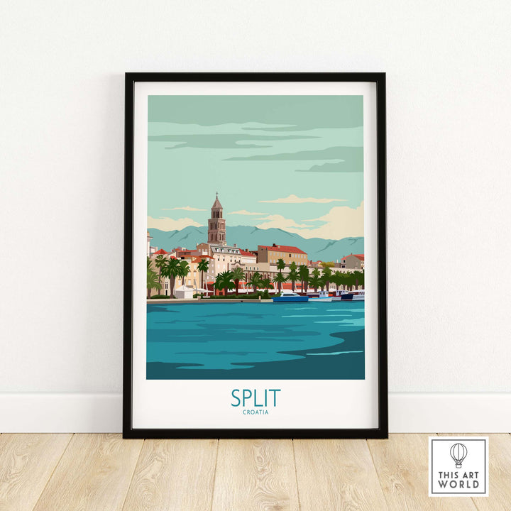 Split Croatia travel poster print showcasing scenic waterfront and historical architecture in vibrant colors.