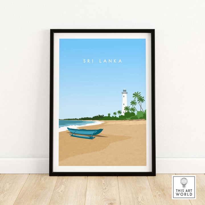 Sri Lanka Travel Poster Print featuring a beach scene with a boat and lighthouse, minimalist wall art for home decor.