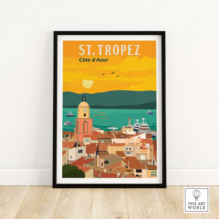 St Tropez France vintage travel poster wall art featuring coastal sunset and marina.