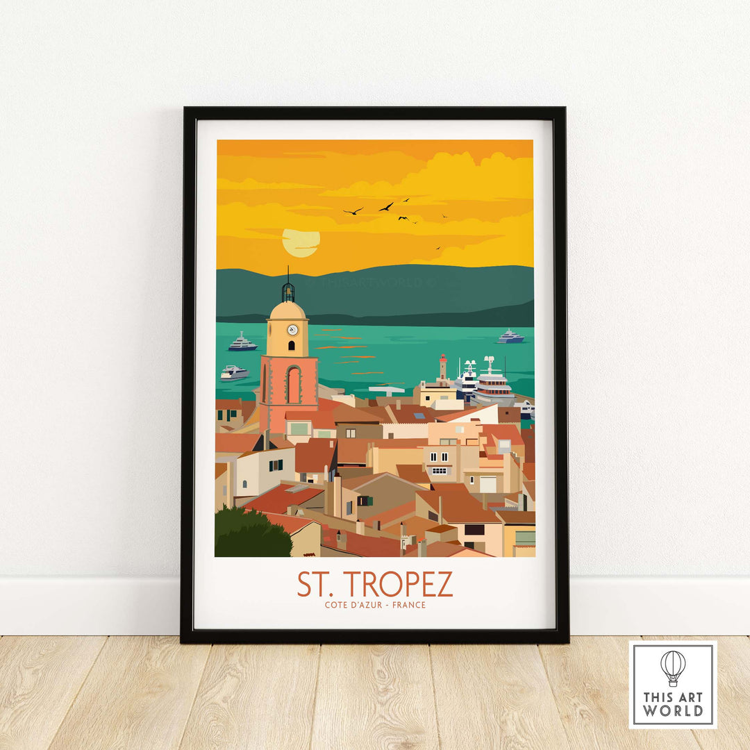 St Tropez poster print featuring a vibrant sunset over the coastal town and boats, perfect for travel art decor.