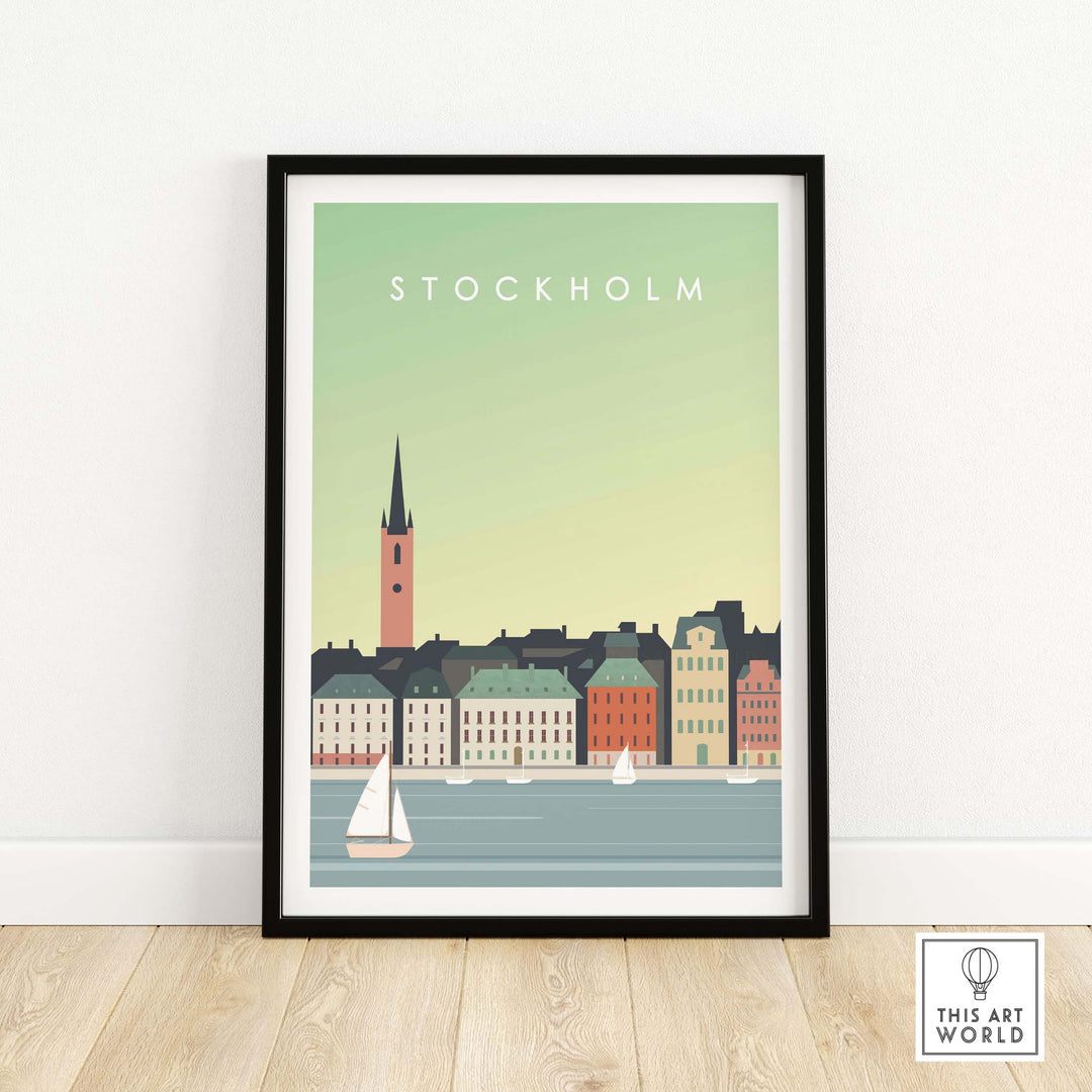 Stylish vintage Stockholm Print Wall Art Poster featuring colorful buildings and sailboat on water.