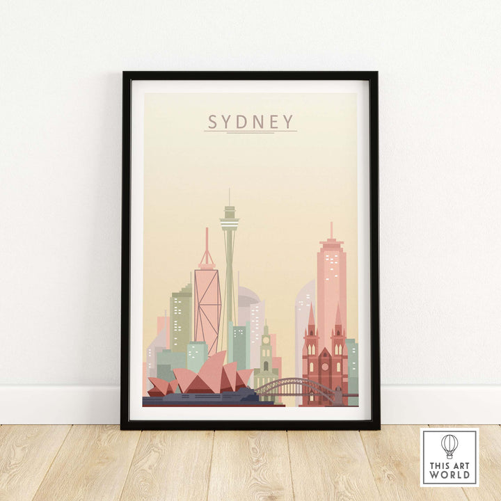 Sydney City Skyline print showcasing iconic landmarks like the Sydney Opera House and Harbour Bridge in pastel colors.